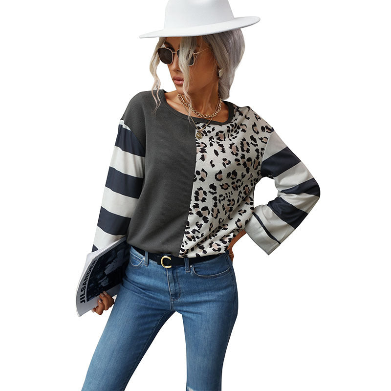 Autumn Winter Women Stitching Long-Sleeved Striped Sweater