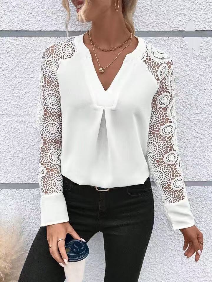 Stitching Embroidery Lace Sleeve Long Sleeve V neck Women Spring Summer Shirt Top