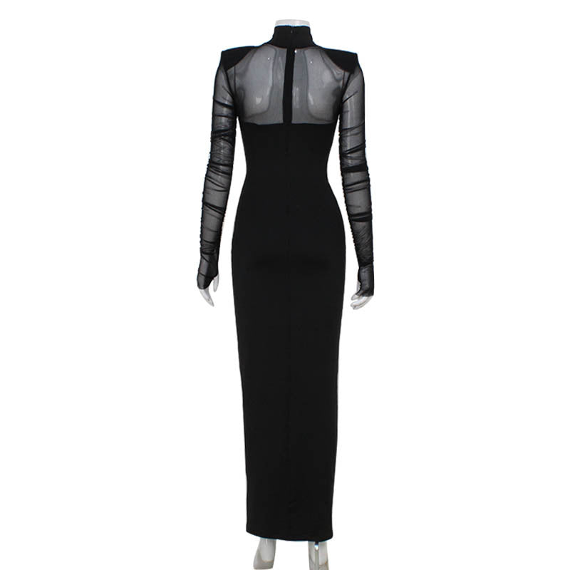 Elegant Women Clothing Half Turtleneck Mesh Slim Fit Patchwork Sexy Padded Shoulder Solid Color High Sense Maxi Dress Women