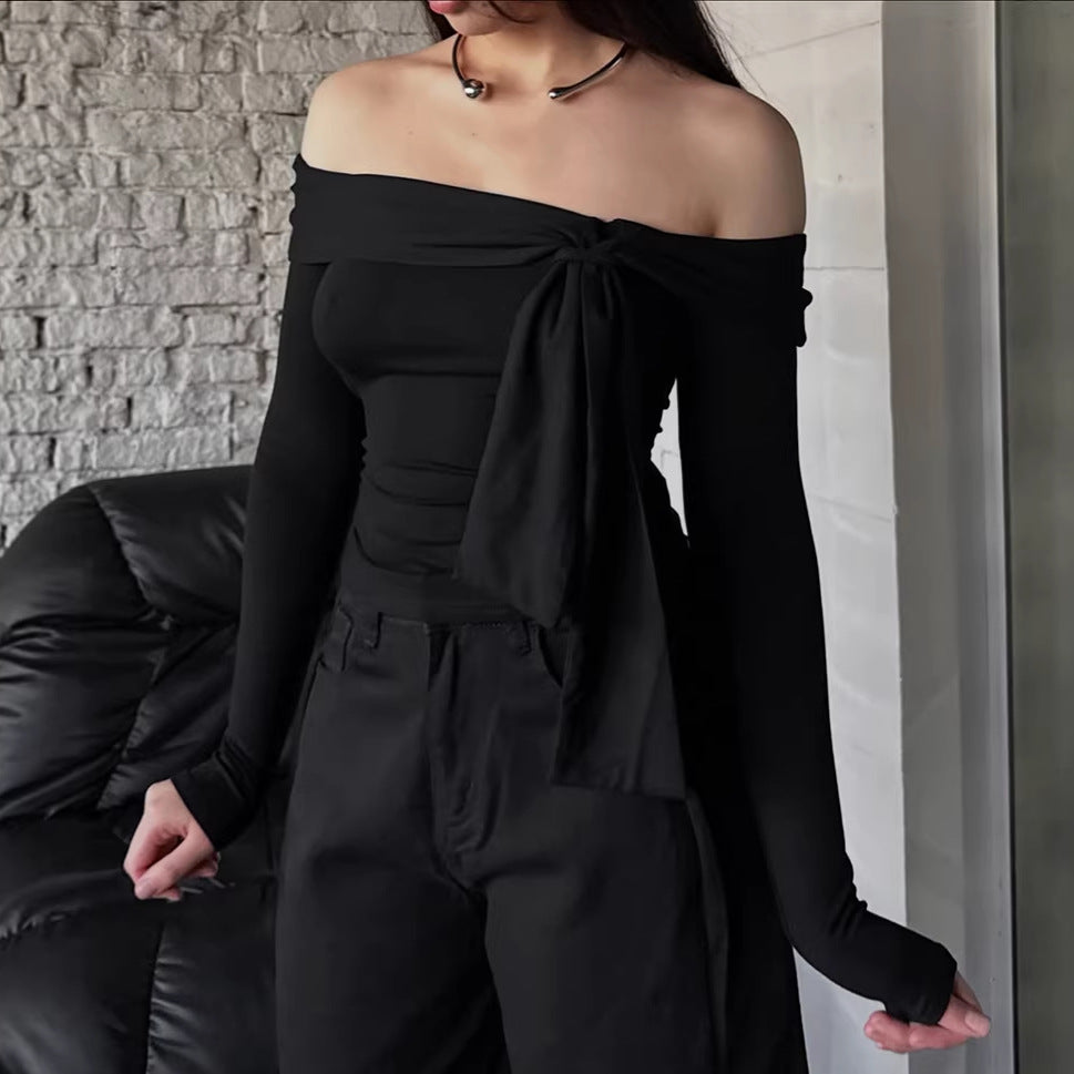 Intellectual off Neck Lace up Bow Long Sleeved Fitted T shirt Women Sexy Cold Shoulder Elegant Office All Matching Top