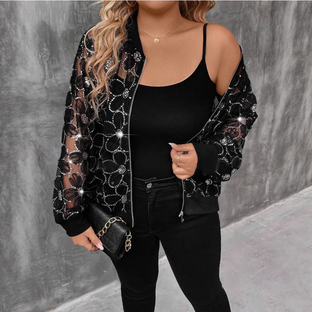 Plus Size Sequin Gauze Thread Stitching Zipper Cardigan Outerwear Sun Protective Clothing