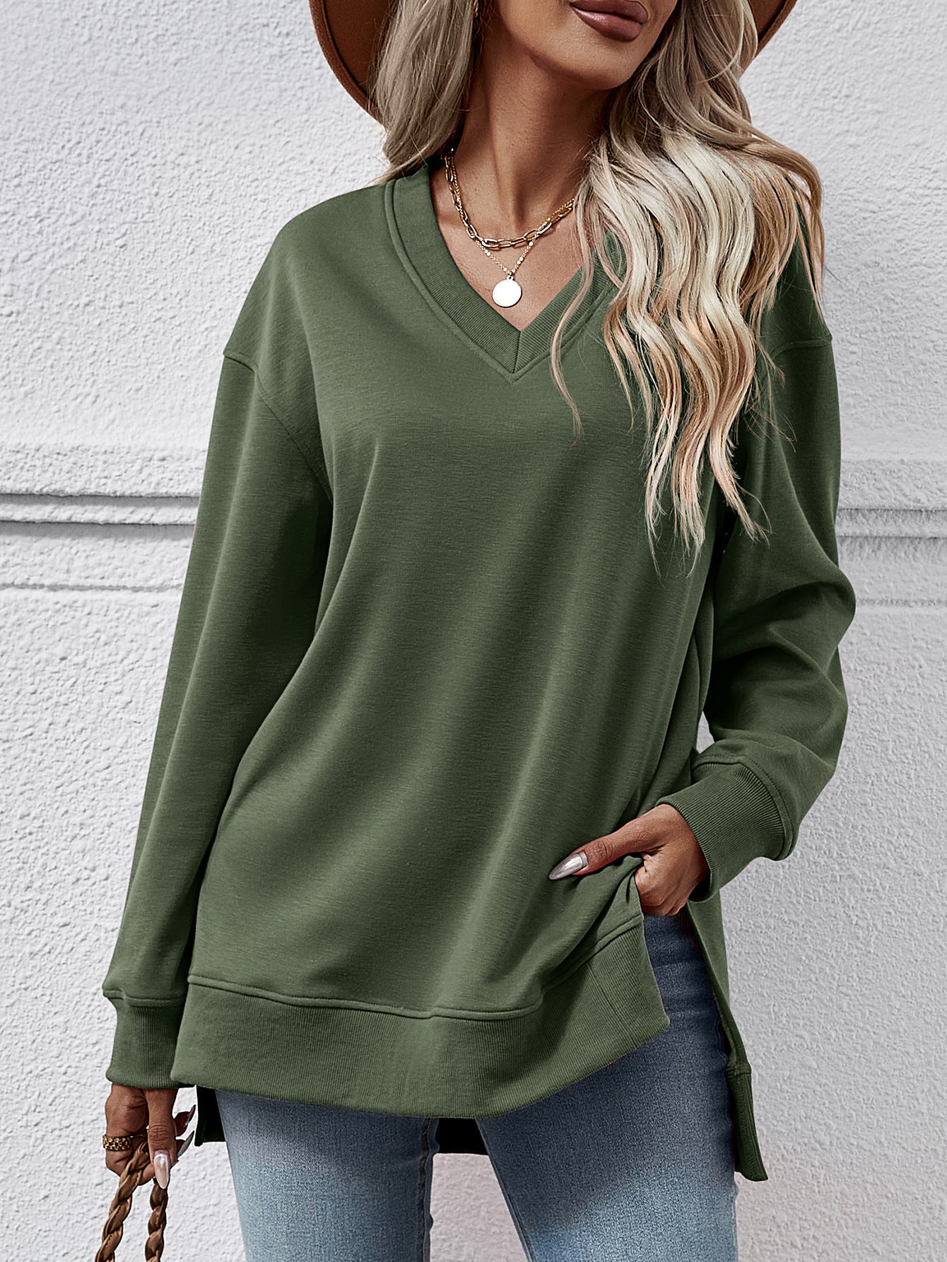 Autumn Winter Women Clothing Sweatshirt Solid Color V Neck Split Front Short Back Long Blouse