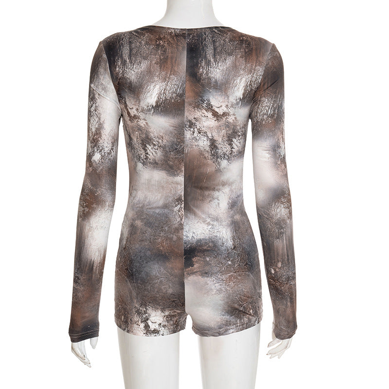 Women Clothing Autumn Slim Ink Blooming Printing Swing Collar Faux Two Pieces Long Sleeve Jumpsuit