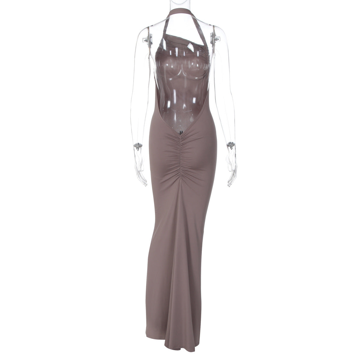 Slim Fit Maxi Dress Summer Solid Color Halter Pleated Sexy Backless Dress