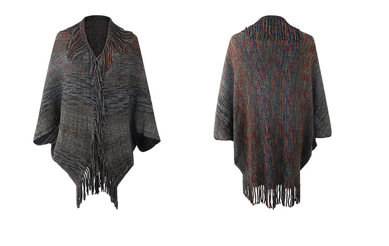 Autumn Winter New Shawl Cape Sweater Tassel Hem Color Cardigan for Women