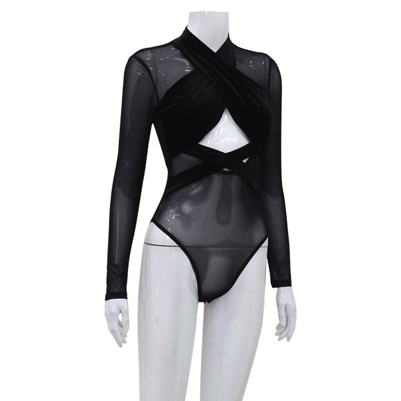 Women Clothing Mesh Velvet Stitching Sexy Cross Hollow Out Cutout out Tight High Waist Long Sleeve Jumpsuit for Women
