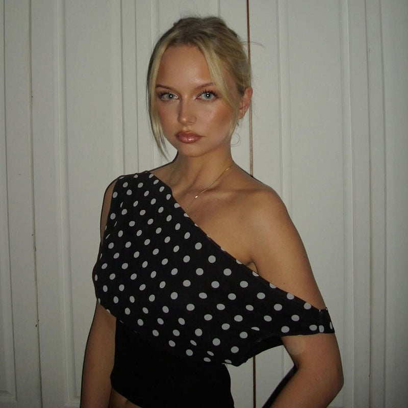 Summer Women Clothing Retro Gentle Dot Sexy One Shoulder Cropped Waist Controlled Top Women