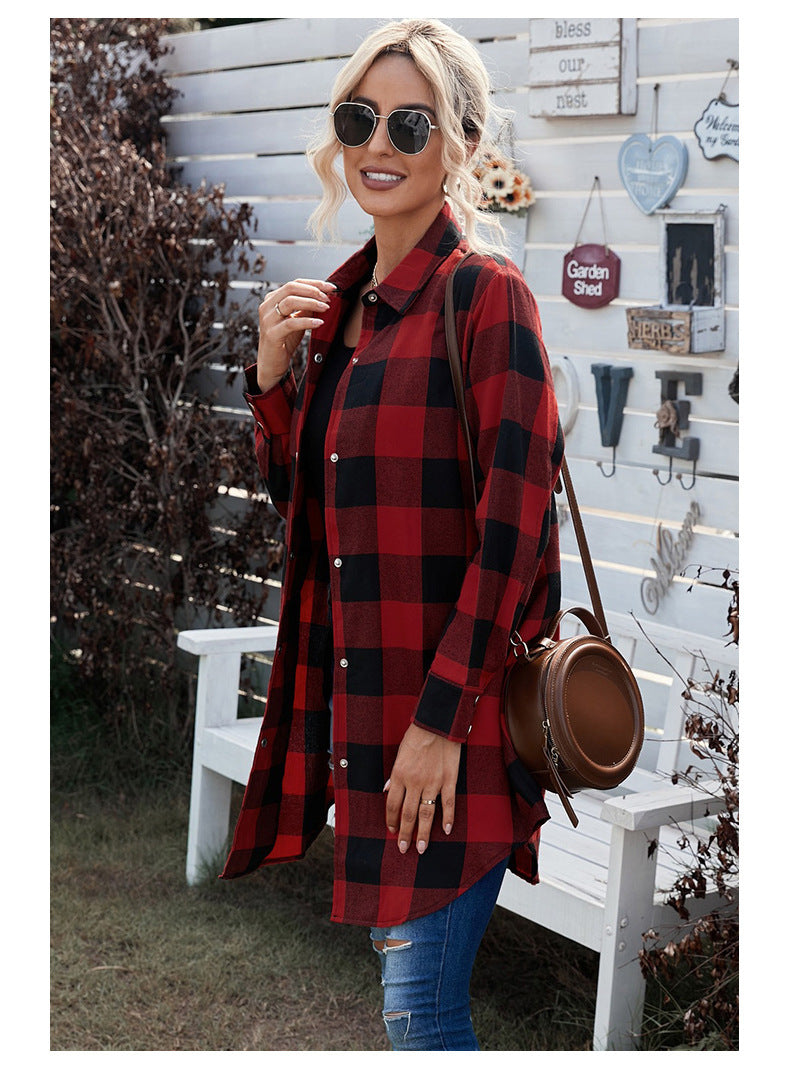 Plaid Shirt Women Mid Length Long Sleeve Women Coat Plaid Shirt Top Shacket