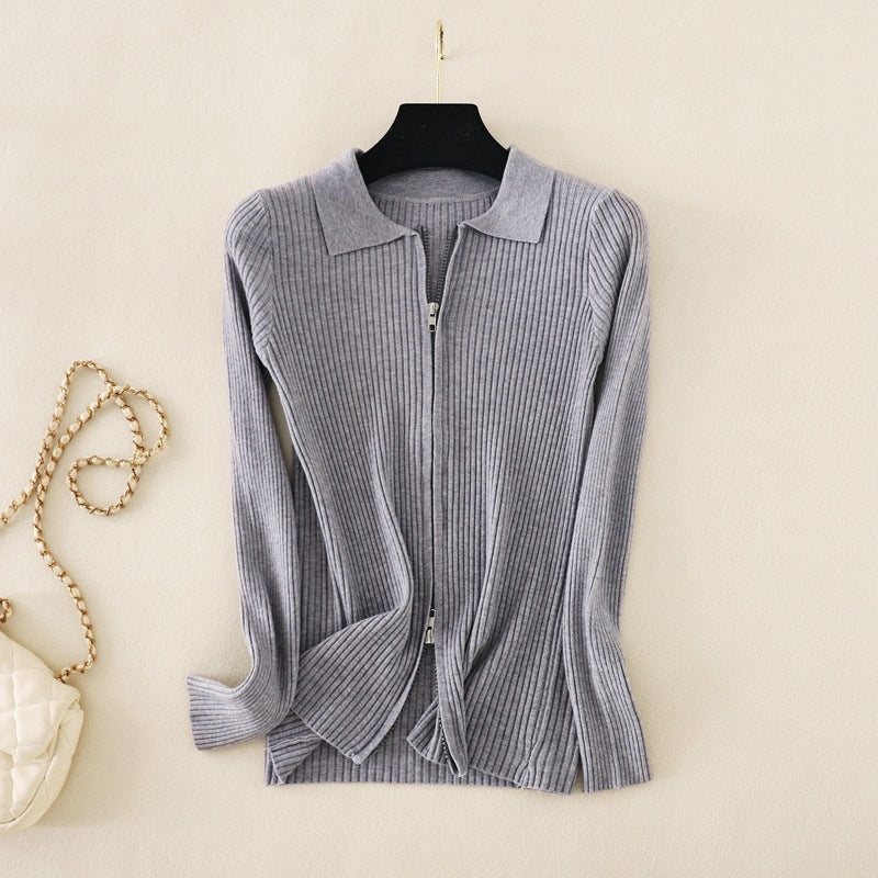 Knitted Bottoming Solid Color Slim Fit Top Long Sleeve Polo Collar Women Short Sweater Autumn Winter Cardigan