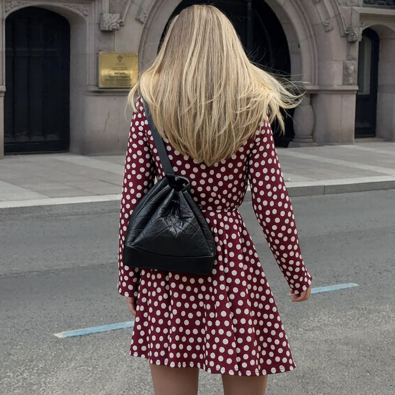 Women Clothing Autumn Polka Dot Print Slim Fresh Long Sleeve Short Dress