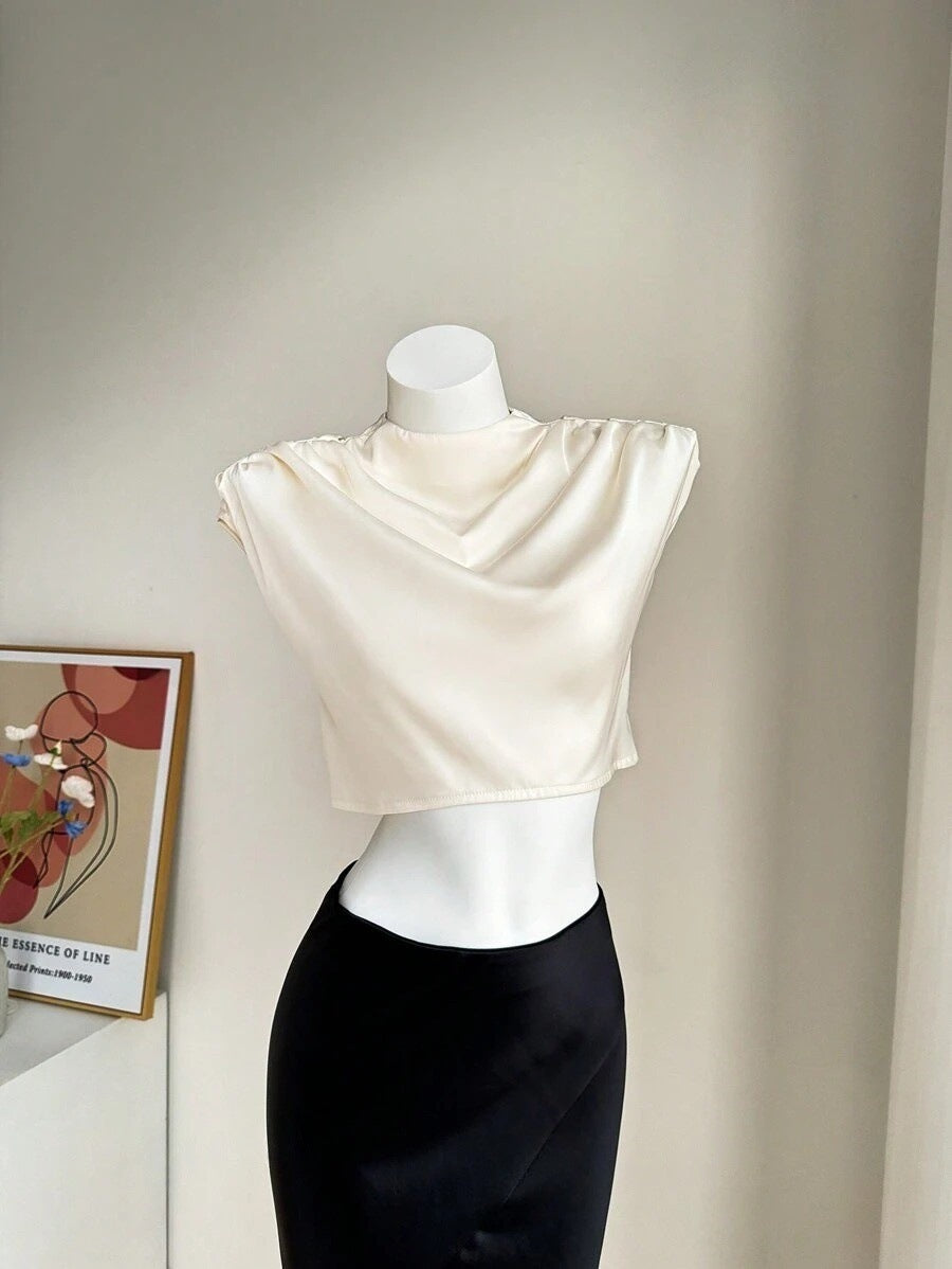 Women Clothing Pleated Batwing Sleeve Satin Shirt Stand Alone Satin Artificial Silk Short Top