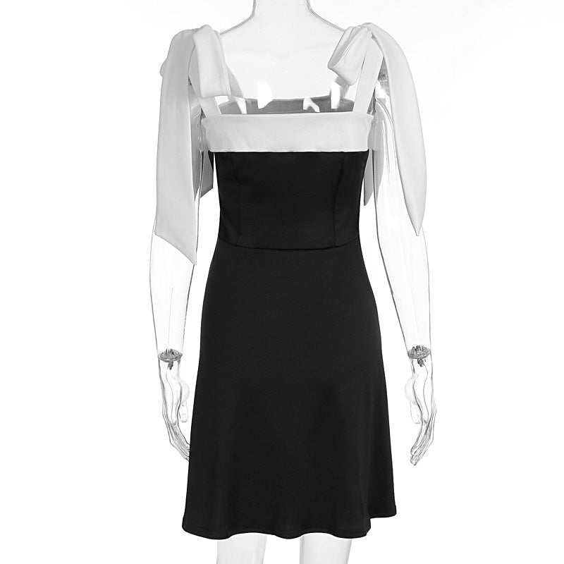 Summer Women Clothing Elegant Stitching Lace up Square Neck Cinched Slimming Dress