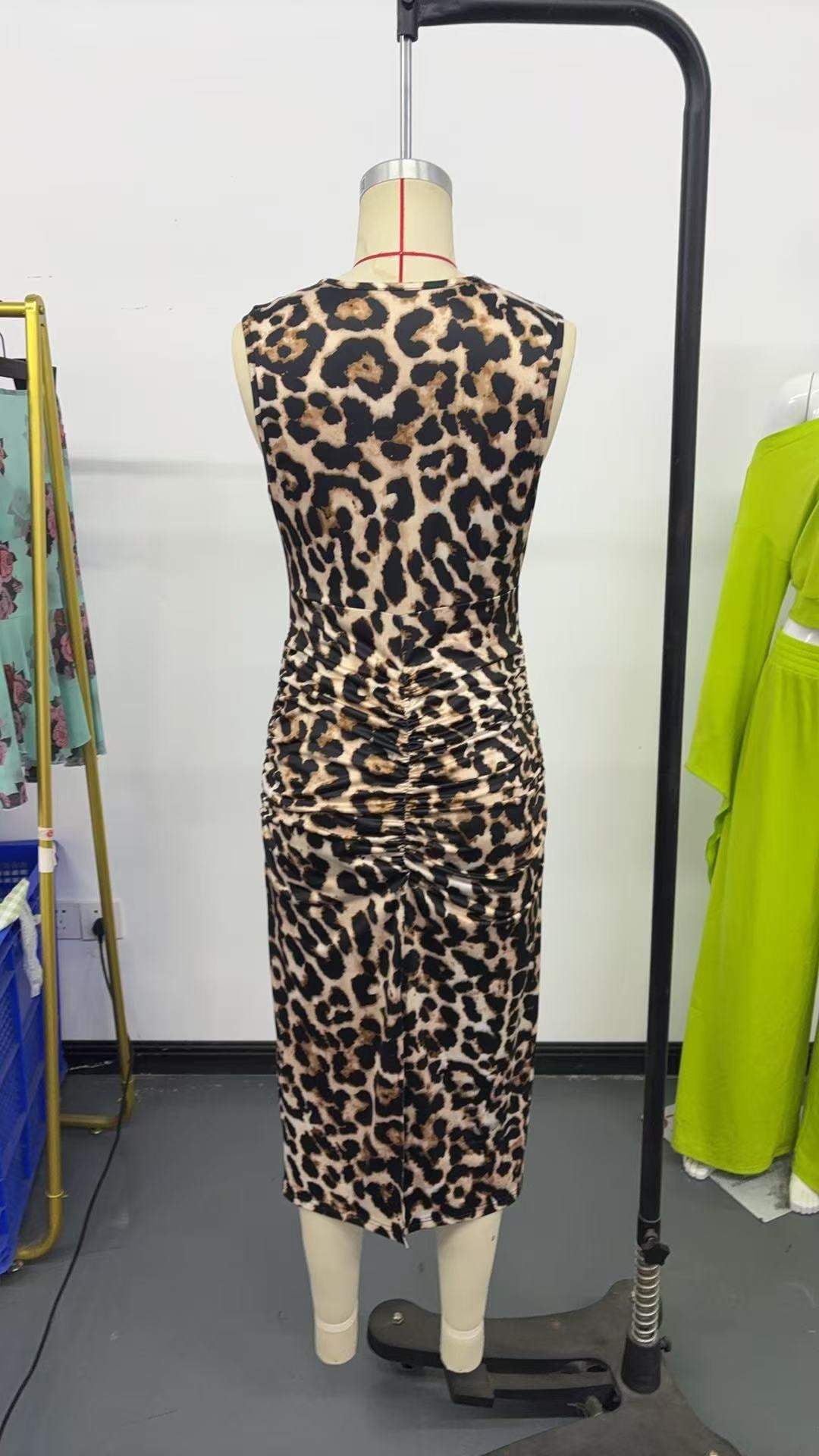 Slim Fit Leopard Print Sleeveless High Waist Sheath Elegant Deep V Plunge neck Dress