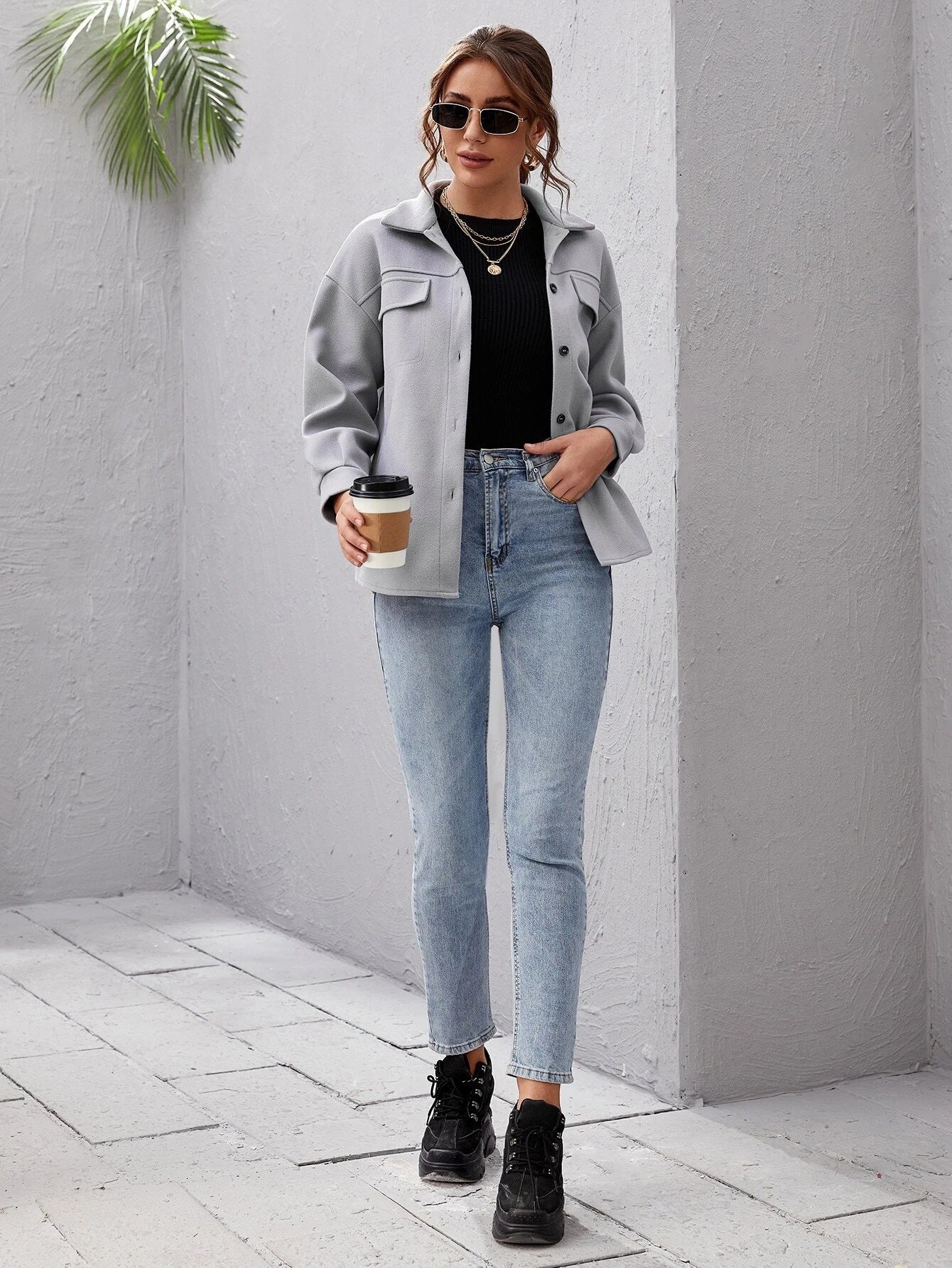 Autumn Winter Woolen Coat Single-Breasted Padded Shirt All-Match Solid Color Baggy Coat Women