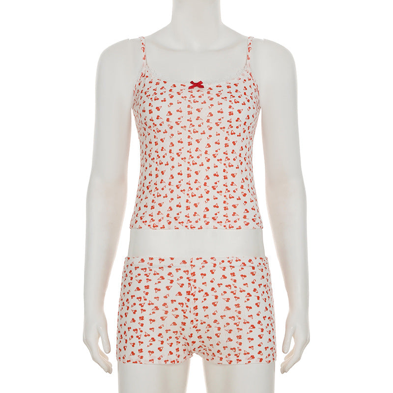 Cute Little Cherry Print Stitching Lace Girl Pajamas Pajamas Shorts Two Piece Set