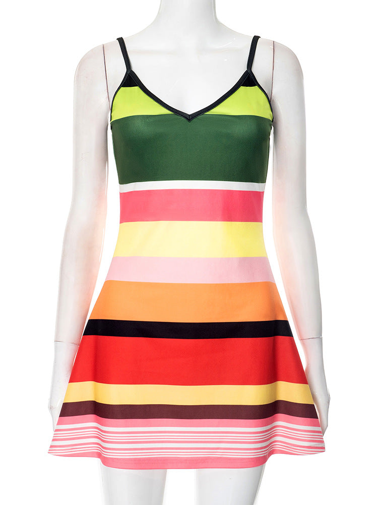 Women Clothing Spring Summer Sleeveless V neck Printed Suspenders Short Dress