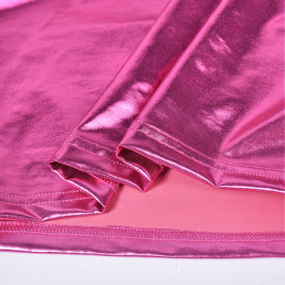Metallic Coated Fabric Women Clothing Glossy Sexy Bare Cropped Slim Fit Hip Skirt Set