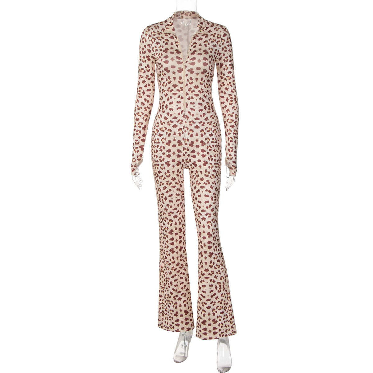 Autumn Winter Women Long Sleeved Leopard Print Flared Pants Zipper Cardigan Slim Fit Bodysuit