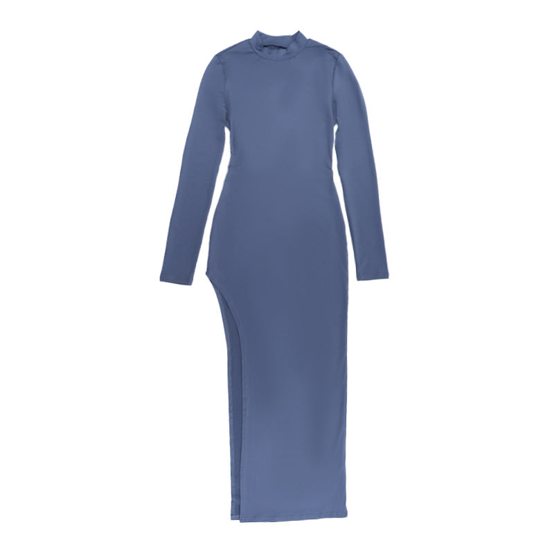 Half Turtleneck Sexy Backless Slim Fit Split Long Sleeve Dress Women Autumn Maxi Dress