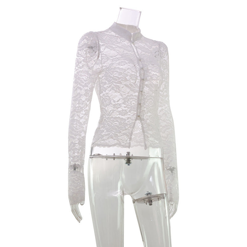 Women Clothing Western French Lace Cheongsam Button Collar Slim Fit Slightly Transparent Lady Socialite Long Sleeved Top Base