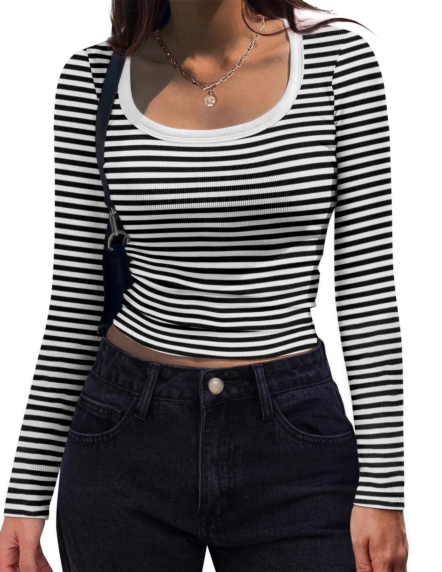 Women Wear Top Striped Slim U Neck Sexy Long Sleeve