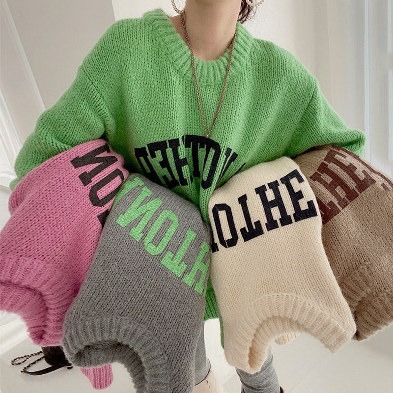 Korean Chic Western Candy Sweater Women Autumn Winter Loose Lazy Thick Round Neck Letter Graphic Sweater
