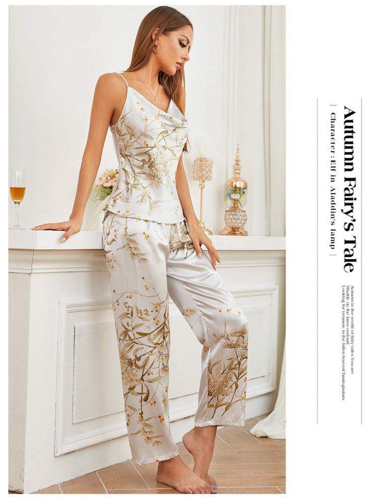Print Pajamas Suit Spring Summer Strap Trousers Two Piece Summer Thin Ice Silk Home Wear Women