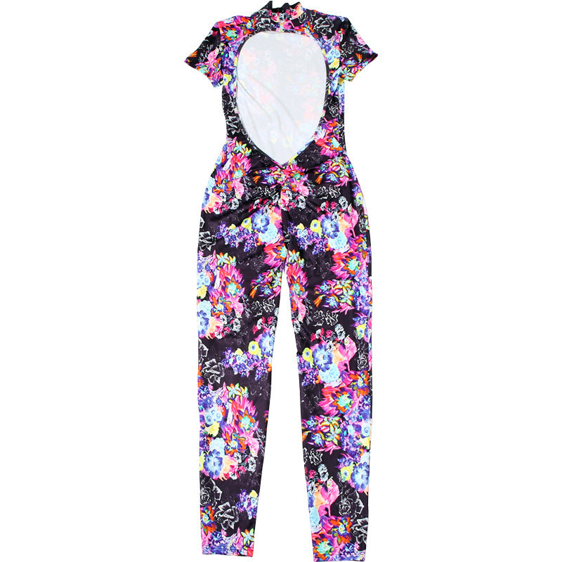 Spring Sexy Backless Skinny Personalized Printed Short Sleeved Jumpsuit Women Clothing
