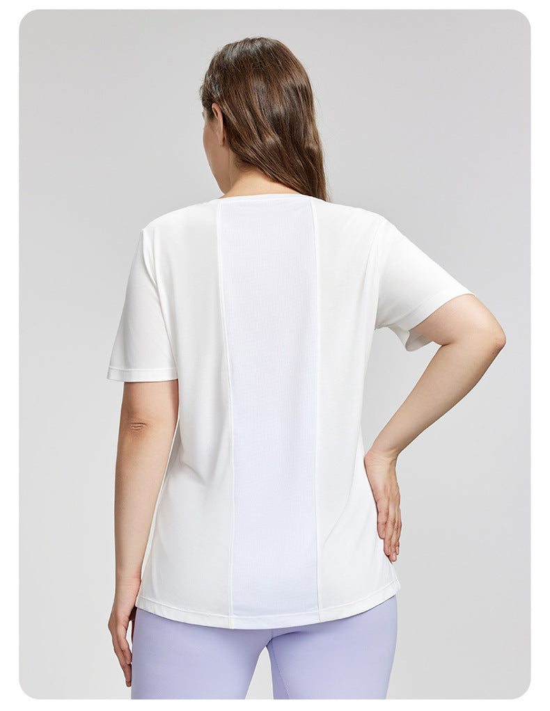 Plus Size Yoga Clothes Blouse Women Summer Loose Breathable Thigh Length Casual T shirt Side Slit Exercise Short Sleeve