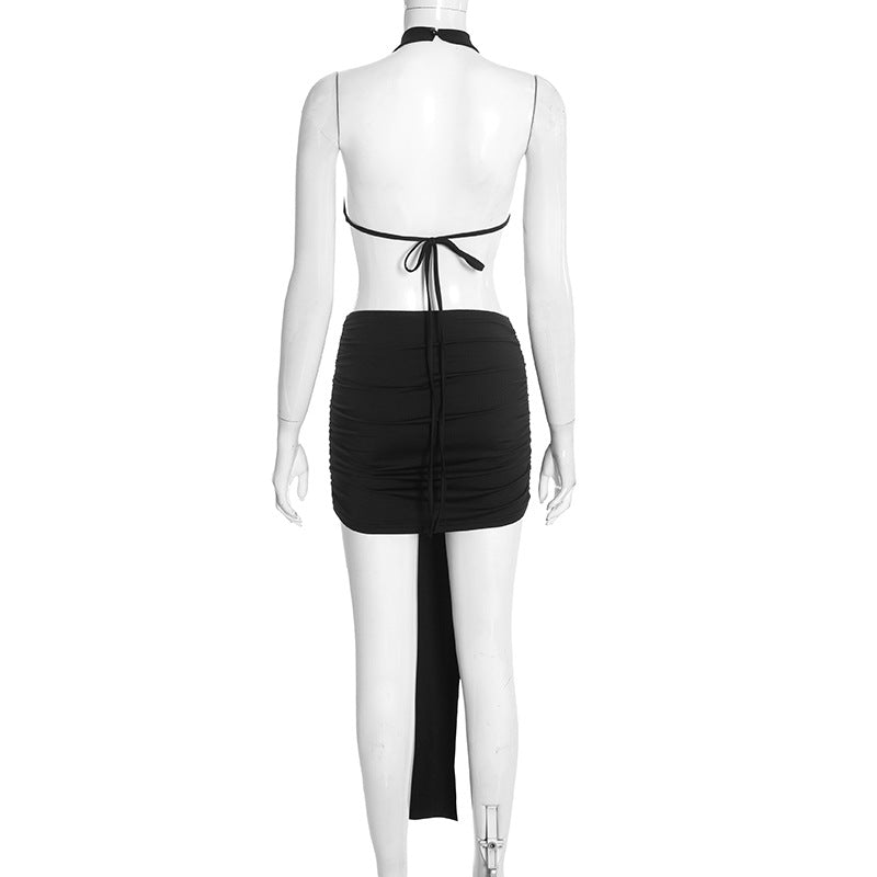 Women Clothing Spring Solid Color Stitching Sexy Slim Hollow Out Cutout Ribbon Short Sleeveless Dress