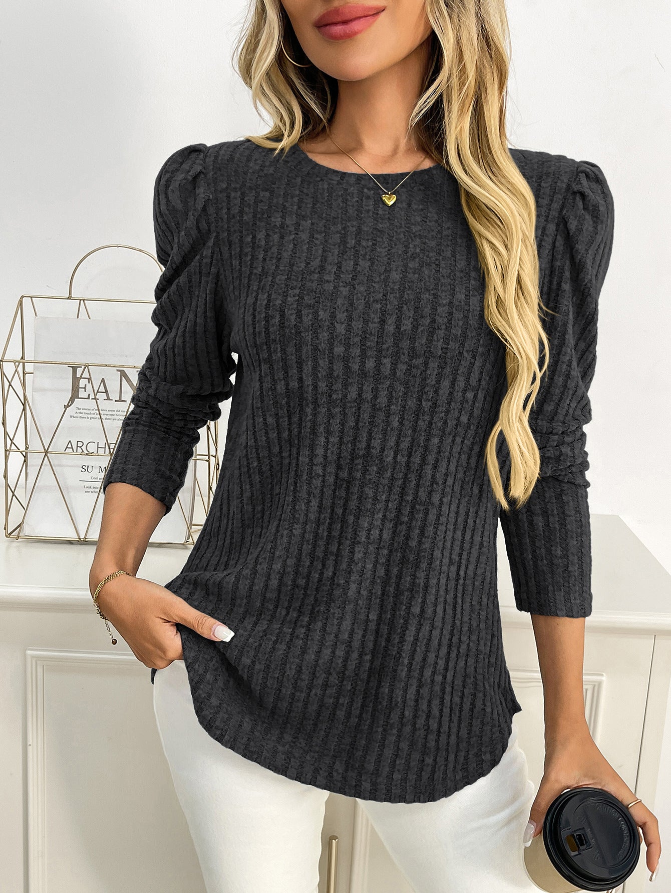 Arrival Women round Neck Puff Sleeve Brushed Sunken Stripe Solid Color Upper Clothes Long Sleeves T shirt