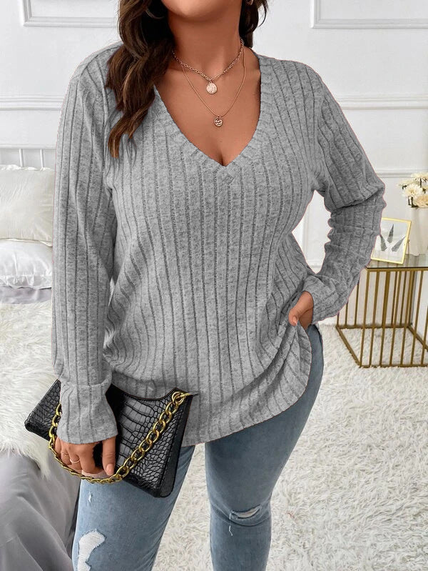 Autumn Winter Solid Color plus Size Women Clothes Top V neck Long Sleeve Sunken Stripe Brushed T shirt Loose Pullover