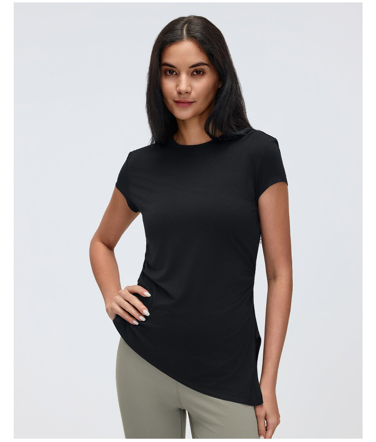 Summer round Neck Sports Short Sleeve Women Pleated Waist Tight Thin Yoga Wear Top Running Workout T shirt
