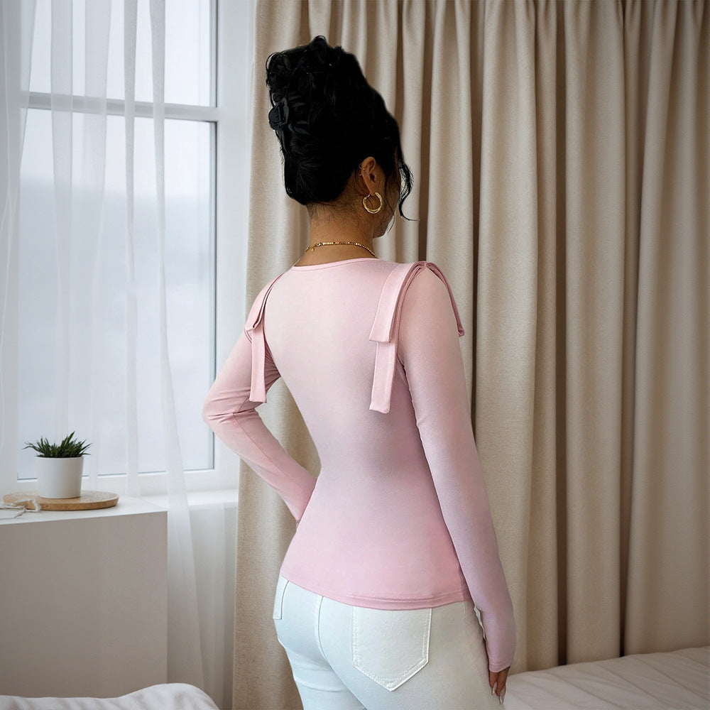 Women Clothing Spring Autumn Pile Collar Slim Slimming Solid Color All Matching Long Sleeve Top T shirt Bottoming Shirt