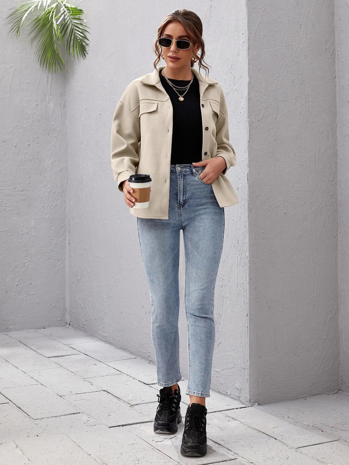 Autumn Winter Woolen Coat Single-Breasted Padded Shirt All-Match Solid Color Baggy Coat Women
