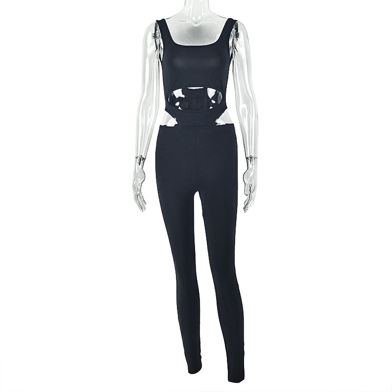Sports Solid Color Women Clothing Sheath Sexy All Match Jumpsuit Hollow Out Cutout Backless Mid Waist Tight Jumpsuit