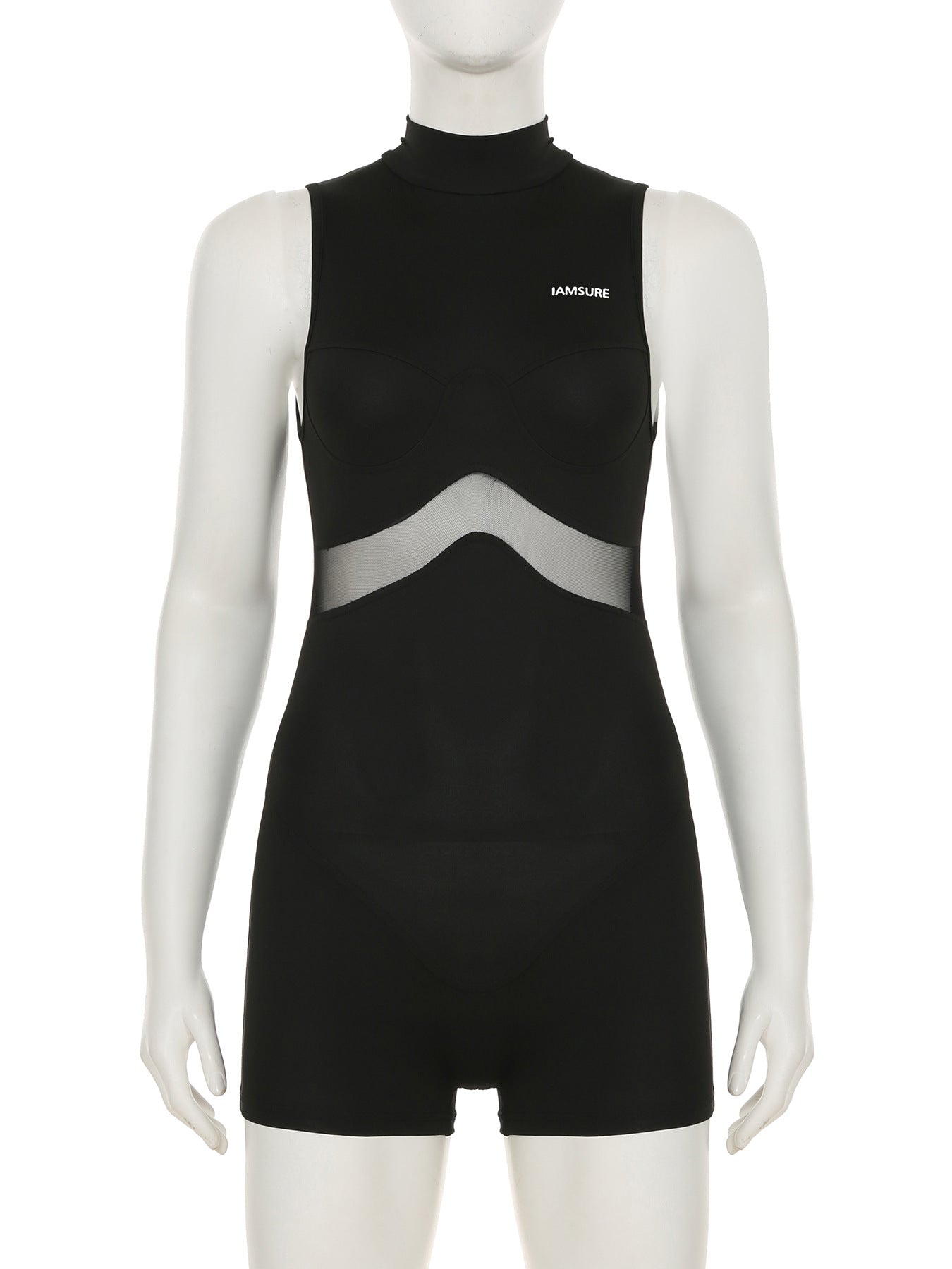 Street Mesh Stitching Hollow Out Cutout Sleeveless Romper Sexy Solid Color Tight Sports Waist Shaping Trousers