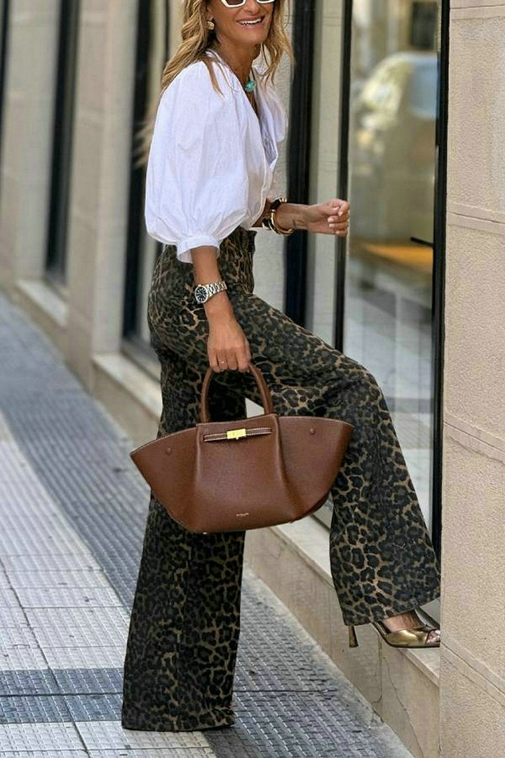 V neck Puff Sleeve White Shirt High Waist Retro Leopard Print Wide Leg Pants Two Piece Sets