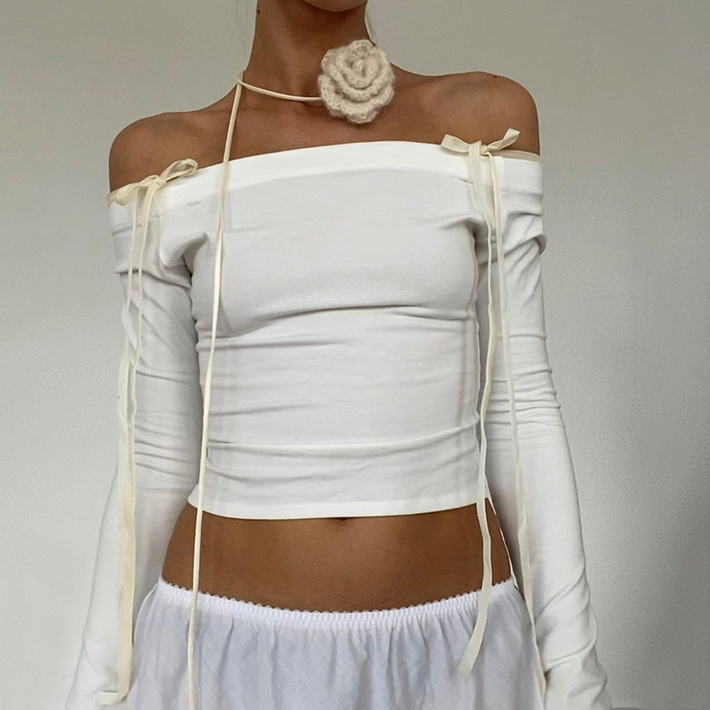 Fall Women Clothing Off Shoulder Lace Up Sexy Bare Cropped Slim Fit All Matching Long Sleeve Top
