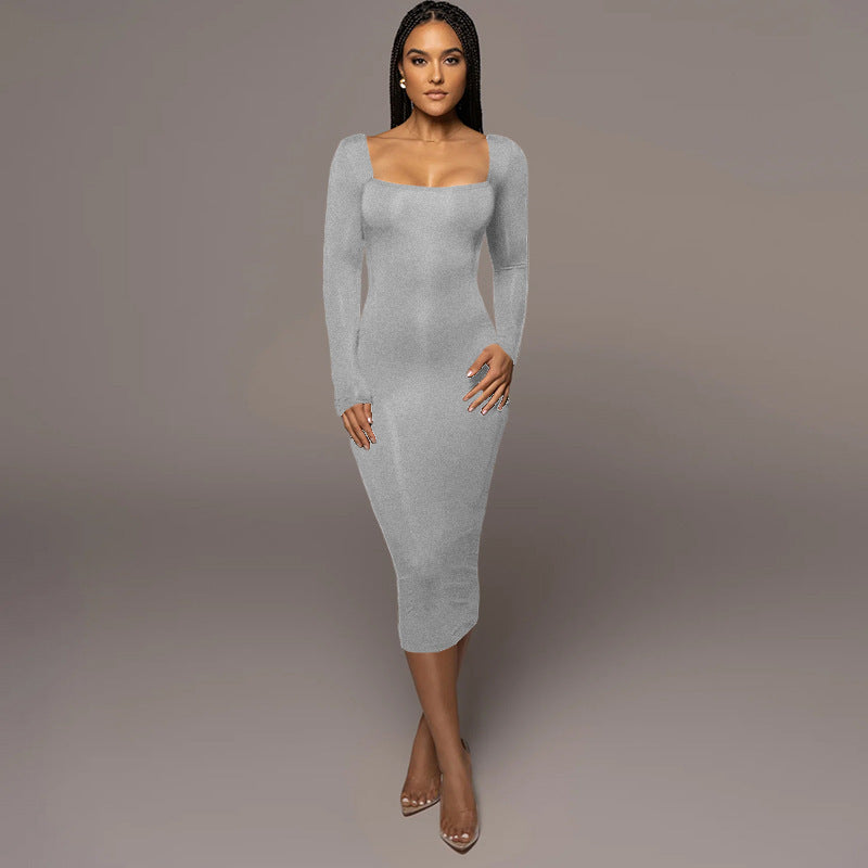 Winter Arrival Women's Sexy Sexy Slim Fleece Square Collar Long Sleeve Dress