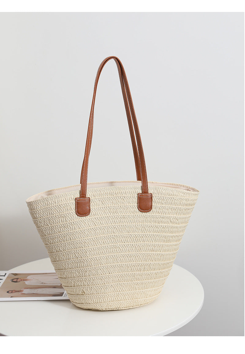 Simple Shoulder Straw Bag Large Capacity Straw Bag Woven Bag Tote Bag Women Seaside Vacation Beach Bag