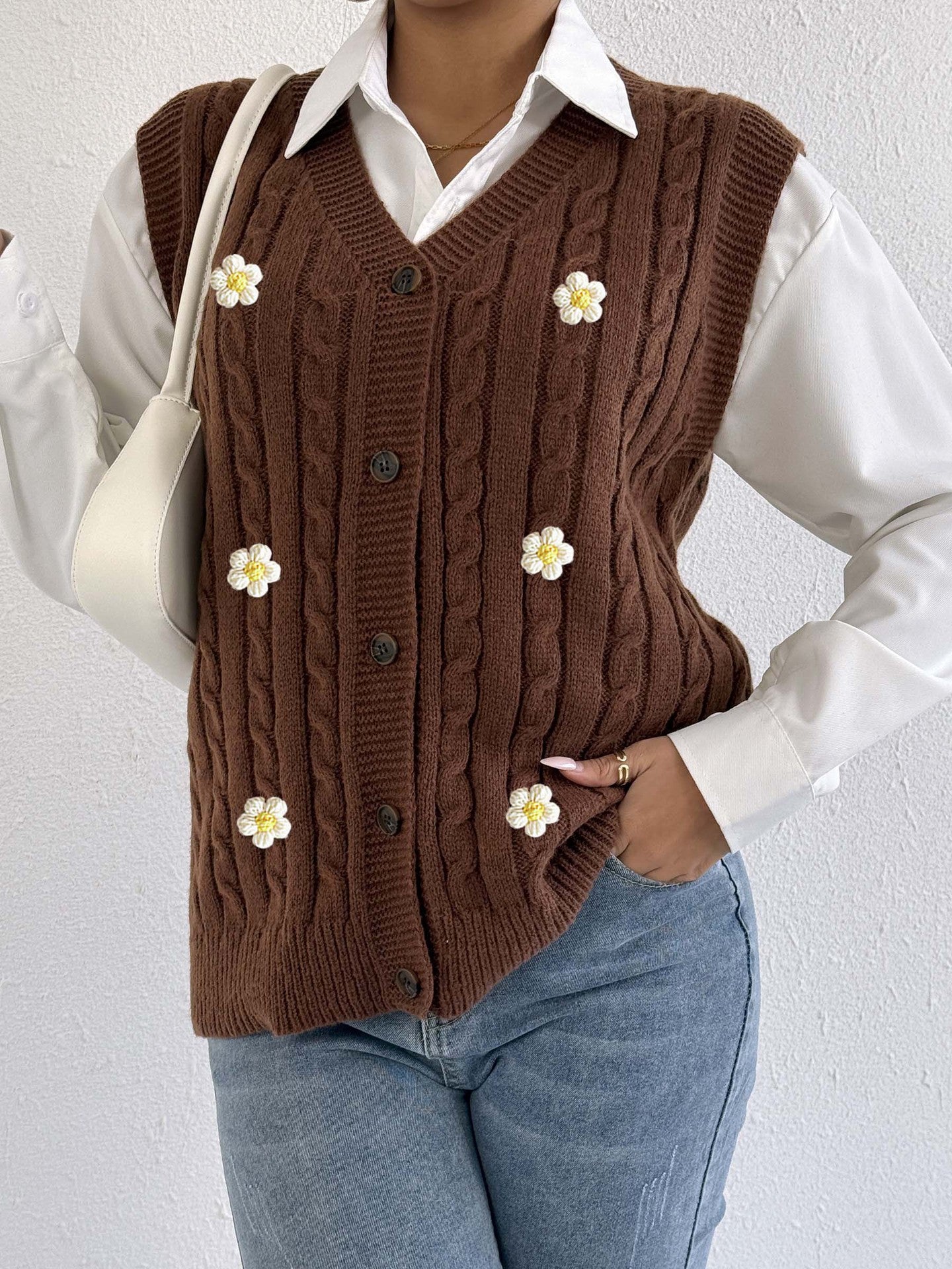 Women Knitted Cardigan Autumn Winter Women Clothing Casual Outerwear Vest Twist Woven Sweater Three Dimensional Floral Stitching Vest