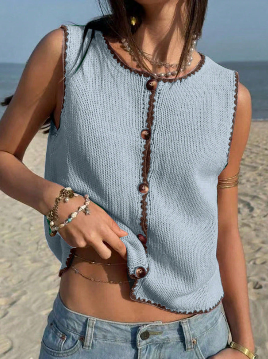 Summer Women Clothing Contrast Color Hook Vest Sleeveless Y2g Sexy Sweater