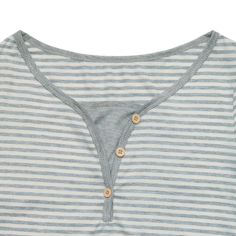 Autumn Casual Simple Top Long Sleeve Faux Two Piece Small V neck Striped T shirt Women