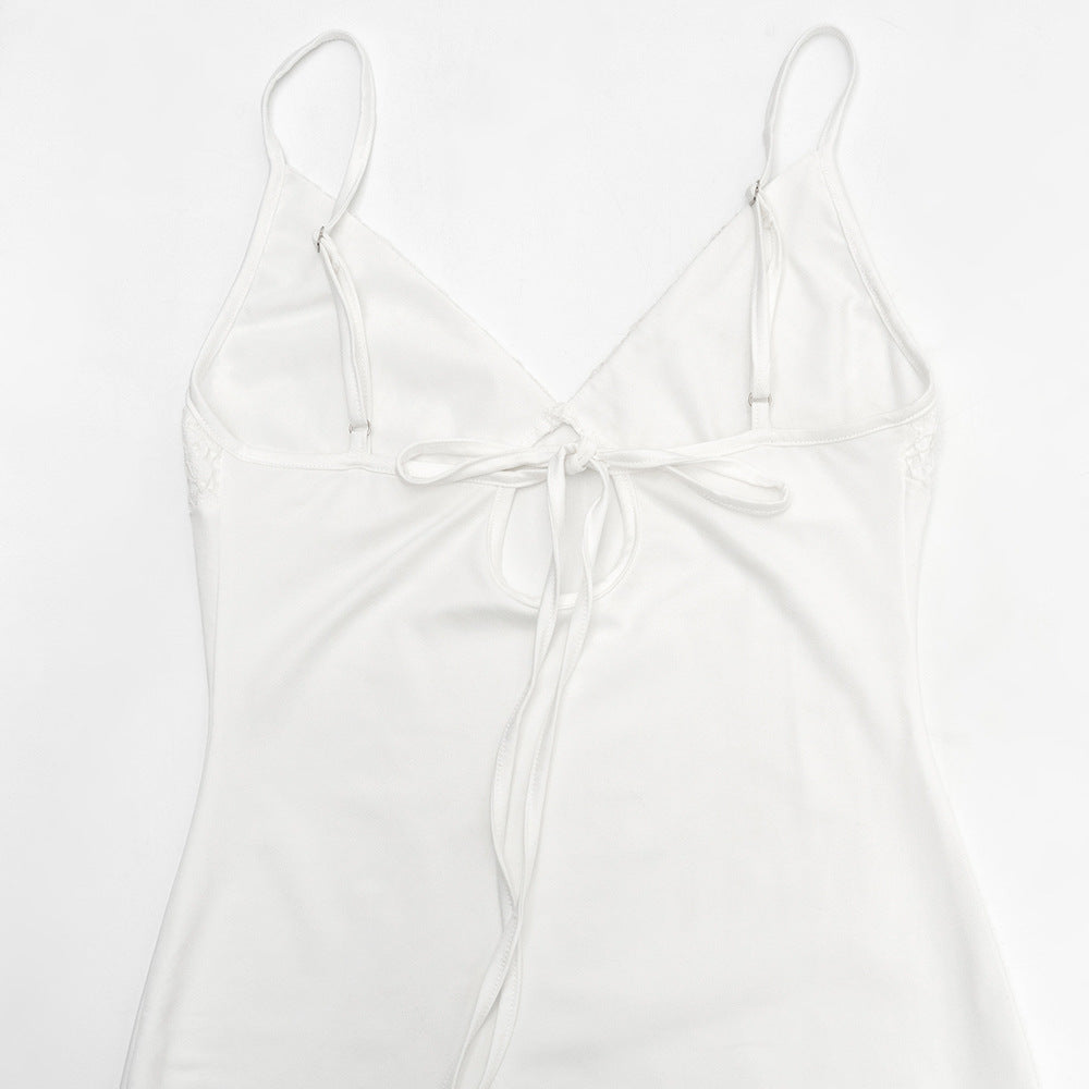 Retro White Lace Wood Grain Gentle Splicing Sling Dress in Time