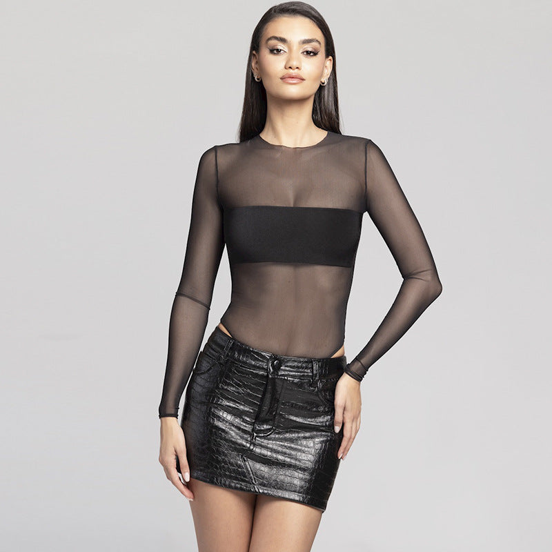 Spring Women Clothing Mesh Sexy Long Sleeve Mesh Slimming Patchwork Sexy Jumpsuit Women
