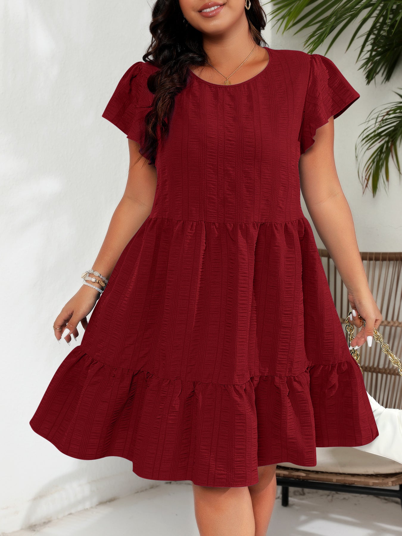 Plus Size round Neck Ruffle Sleeve Waist Tight Vacation Casual Dress