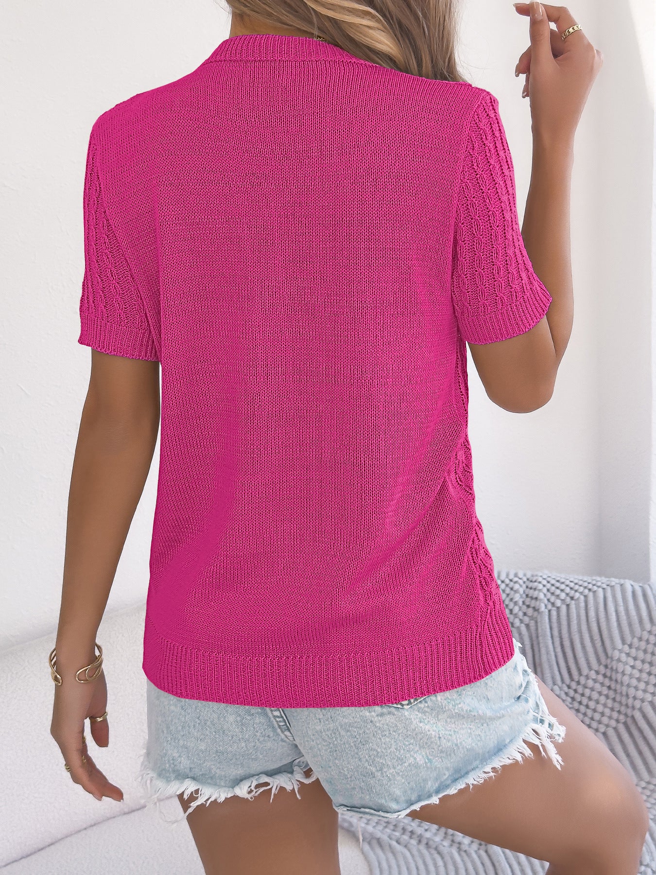 Women Clothing Spring Summer Casual Hollow Out Cutout Twist Button Short Sleeved Sweater