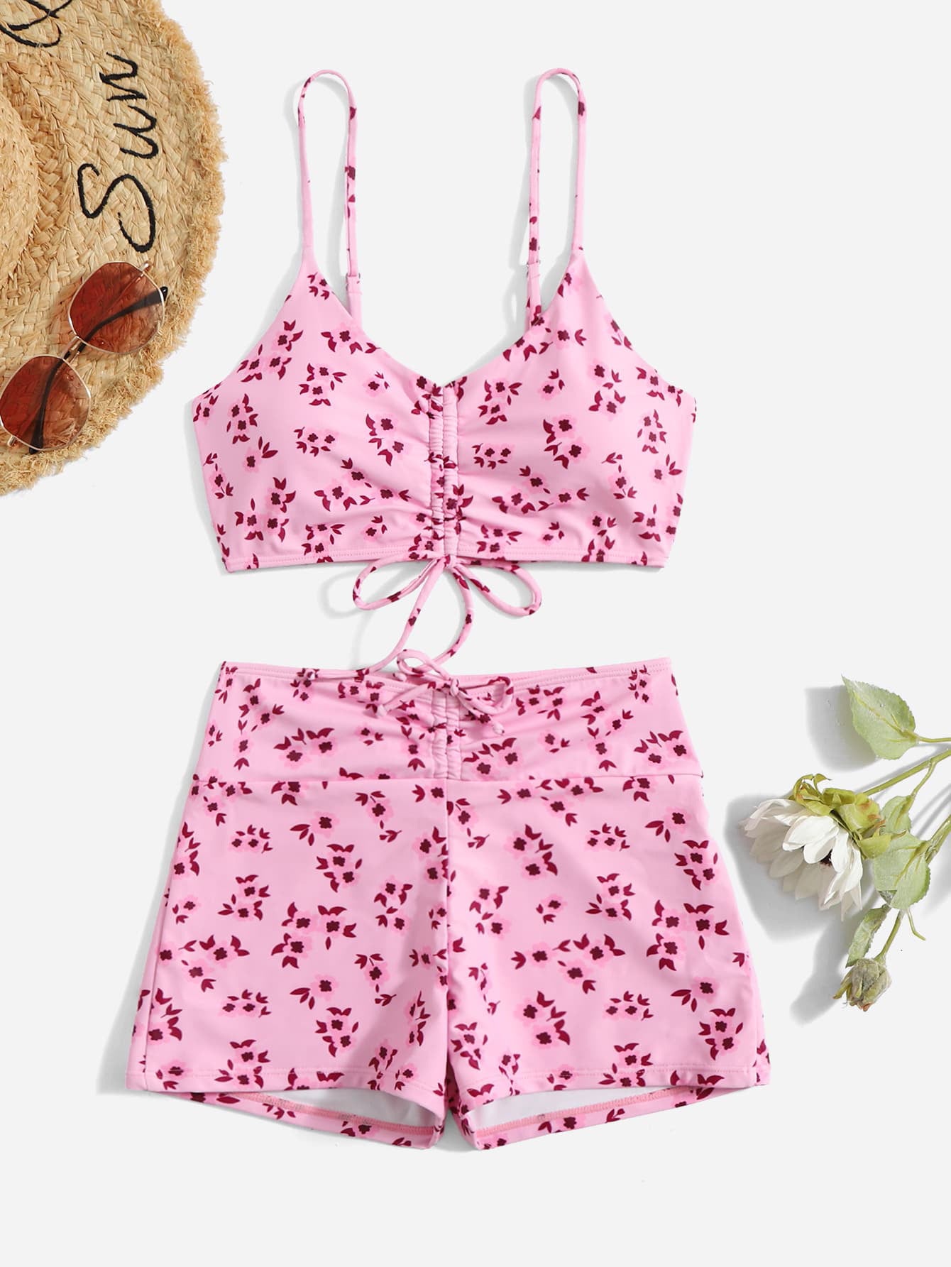 Swimsuit Women Split High Waist Boxer Floral Print Swimsuit