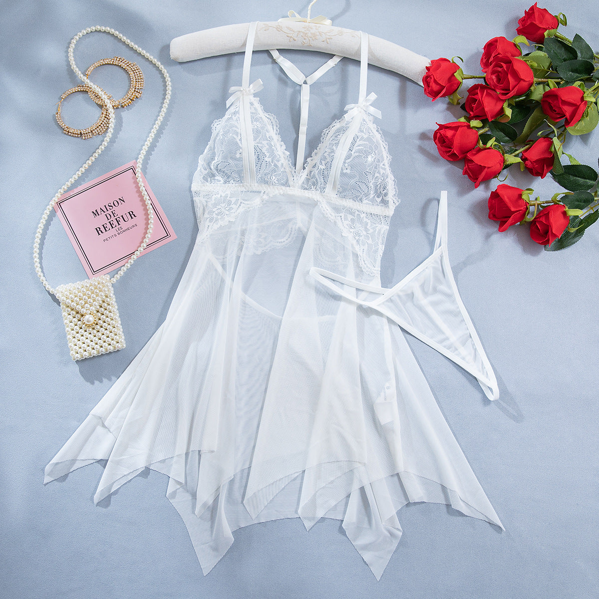 Sexy See through Slip Nightdress White Lady Cute Temptation Irregular Asymmetric Hem Cut Two Piece Set